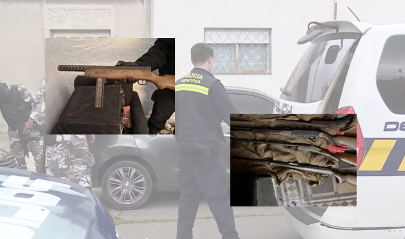 Allanamiento en Pérez Castellanos con dos detenidos: incautan cinco armas, entre ellas un arma de combate