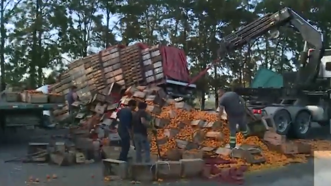 Camión con frutas volcó en los accesos a Montevideo