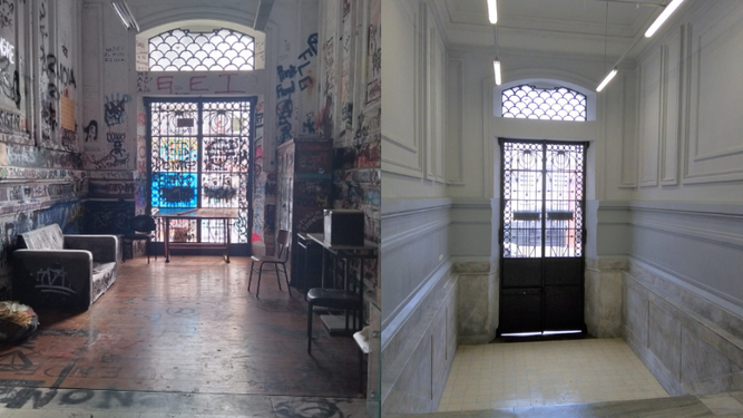 El salón gremial del IAVA, como estaba a principios de año, y las obras actuales en setiembre.