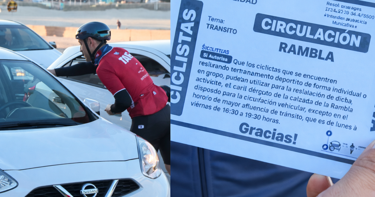 Ciclistas repartieron volantes a conductores en la Rambla: reclaman que se respete su circulación en pelotón