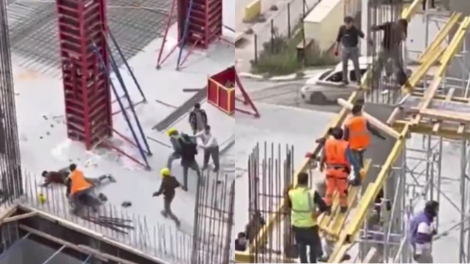 Violenta pelea entre albañiles en plena construcción